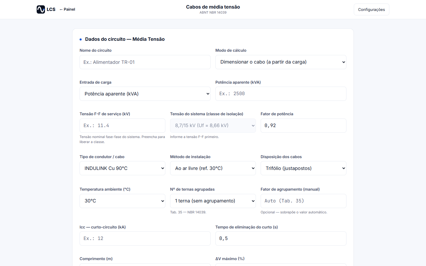 Dimensionamento de cabos de média tensão da LCS Plataforma com seleção de cabo e critérios de cálculo