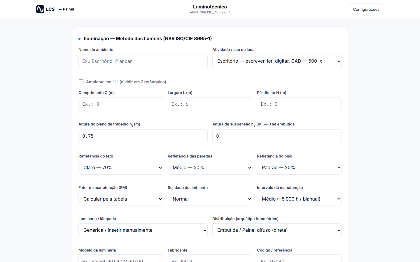 Cálculo luminotécnico da LCS Plataforma com dados do ambiente, luminárias e distribuição pelo método dos lúmens